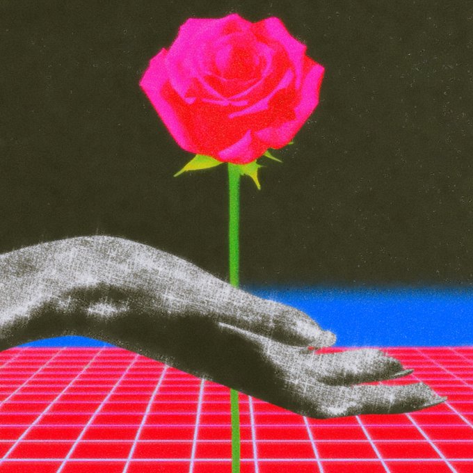 A hand reaches toward a vibrant pink rose against a dark background, with a red grid pattern below. The image evokes a surreal, retro-futuristic "Good morning" greeting, symbolizing the gesture of offering or receiving a fresh start.