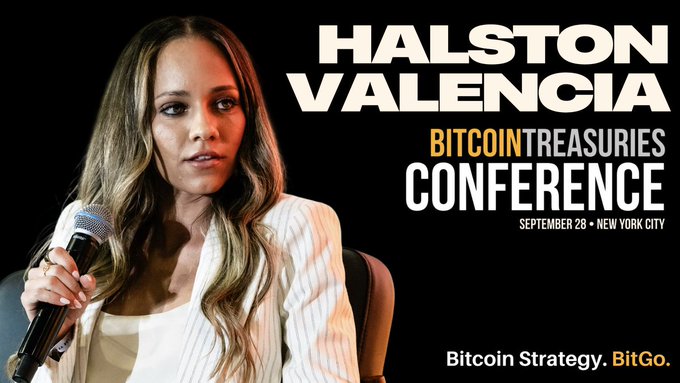 A promotional image for the Bitcoin Treasuries Conference featuring Halston Valencia on September 28 in New York City, sponsored by BitGo.
