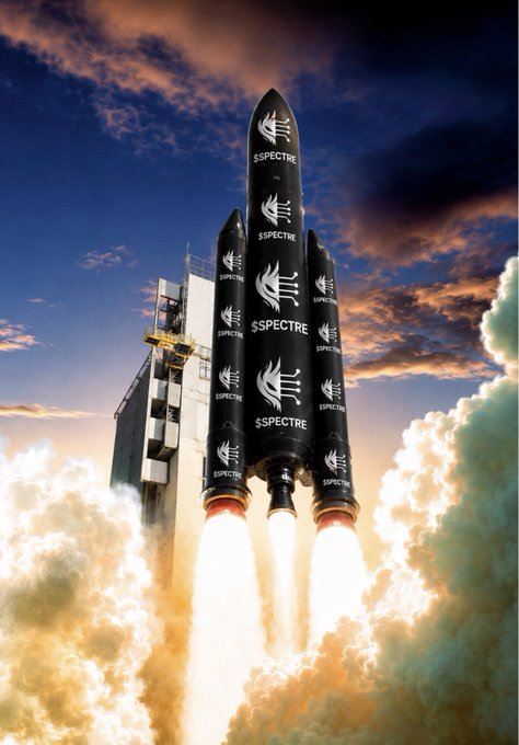 A large black rocket branded with 'SPECTRE' and a stylized wing logo launches skyward with flames billowing from its engines against a dramatic cloudy sky.