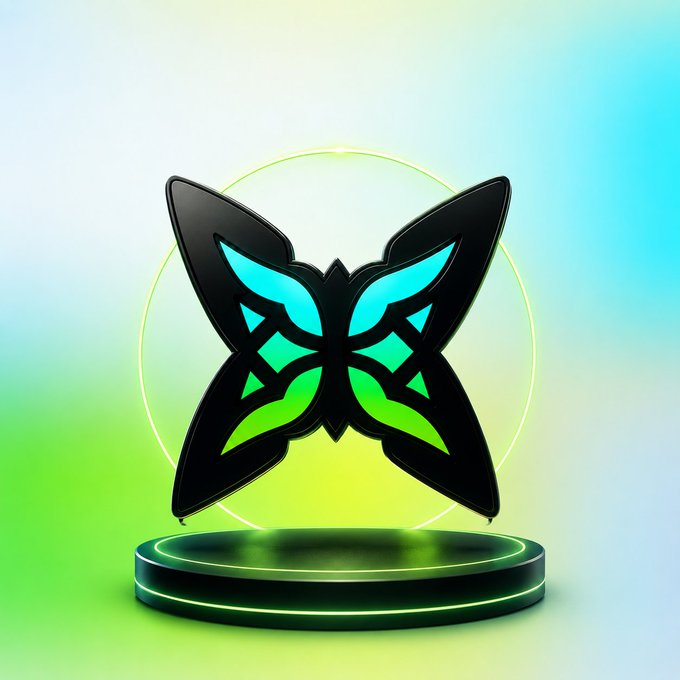 3D rendering of a sleek black butterfly logo with glowing cyan and green accents floating above a circular illuminated pedestal against a gradient green and blue background.
