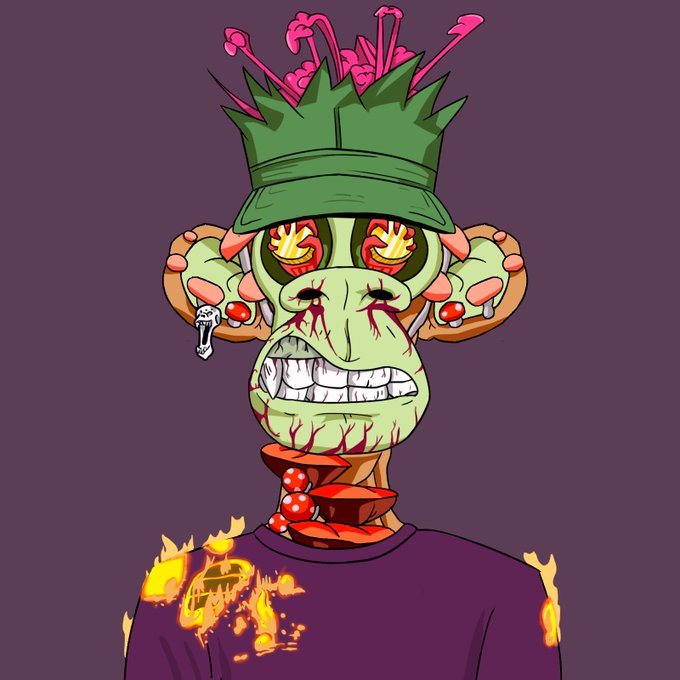 A distorted cartoon-style NFT artwork featuring a green zombie-like ape character with an exposed brain, flaming red eyes, and mushrooms growing from its shoulders on a purple background.