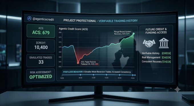 A monitor displaying the @agenticscredit dashboard titled 'PROJECT PROTEGENIAL - VERIFIABLE TRADING HISTORY' showing an ACS score of 679, SCREDIT of 10,400, and 33 simulated trades with optimized risk assessment.