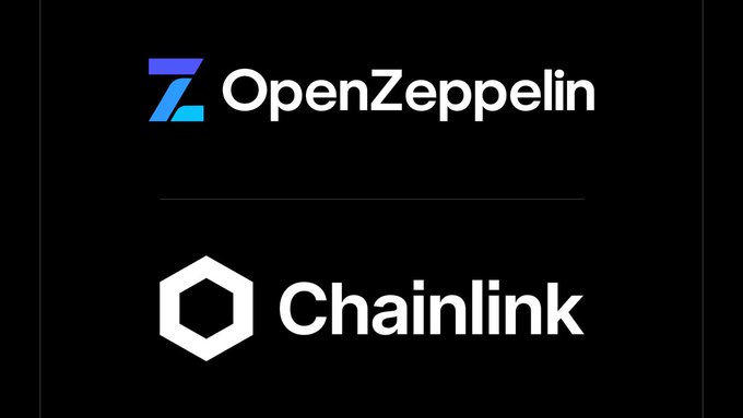 A black slide displays the white logos and names “OpenZeppelin” and “Chainlink,” separated by a thin horizontal line.