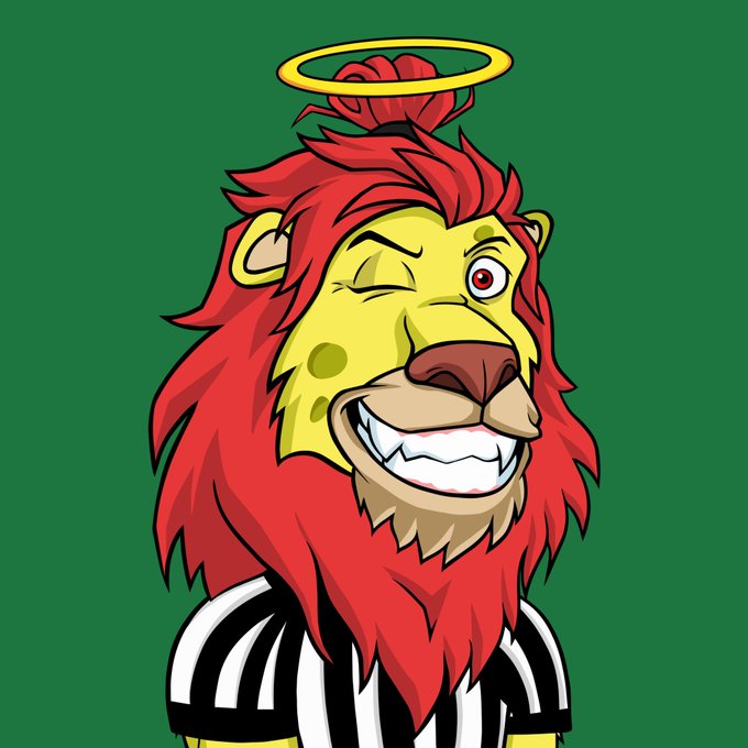 A cartoon illustration of a lion with a red mane, a yellow halo, and a wide grin, winking one eye while wearing a black and white striped referee shirt against a green background.