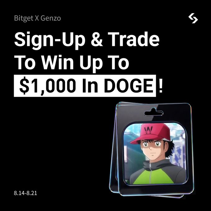 A promotional graphic for a Bitget X Genzo collaboration event, featuring the headline "Sign-Up & Trade To Win Up To $1,000 In DOGE!" running from 8.14-8.21, alongside an image of an anime character (Genzo) wearing a pink "W" cap. The post confirms that using the Genzo code with KYC verification earns users $5, which can be increased up to $1,000 by completing trading tasks.