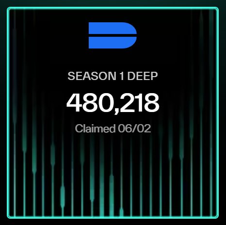 The image shows a screen with a green background featuring a white box containing information about a new season release for the TV show "Deepbook". The title of the new season, "Season 1 Deep", is displayed at the top of the box along with the number of tokens awarded, which is 480k. The text in the box indicates that this payment has been claimed by Breadsui on 6/02/2022.