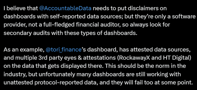 The image shows a tweet arguing that @AccountableData should add disclaimers for self-reported data on its dashboards, citing @tori_finance as a positive example with attested data sources and third-party audits (RockawayX and HT Digital), while noting many other dashboards still rely on unverified protocol-reported data. This contrasts with the post's view that Tori's transparency dashboard is limited, showing only broad strategy allocations without deeper insight into how user funds are actually managed.