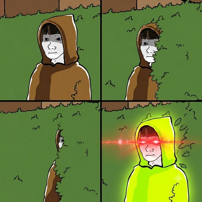 A four-panel comic strip continuing the previous scene, where the hidden person suddenly reappears with glowing red eyes and a bright green, glowing aura, leaves swirling around them.
