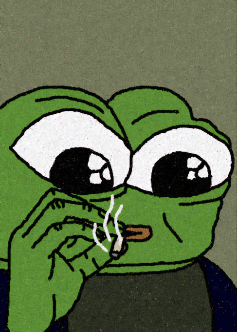 A cartoon drawing of the Pepe the Frog character with large, teary eyes holding a lit cigarette, seemingly reflecting sorrow or resignation—likely meant to evoke a sense of emotional distress in response to developments affecting $BTC, $NVDA, and $GOOGL.