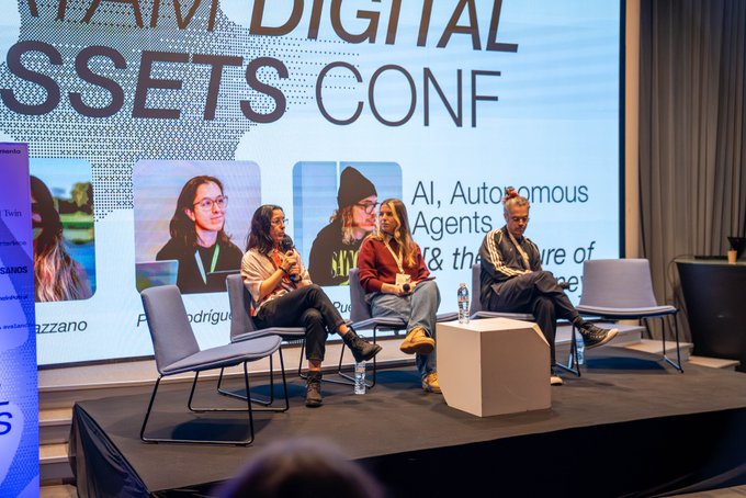 Four panelists sit on stage at the "LATAM Digital Assets Conf" during a discussion on "AI, Autonomous Agents & the Future of Money," featuring speakers from Cambrian Network, Bombocommunity, and the Ethereum Foundation.