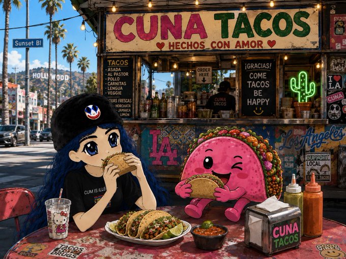 Anime-style illustration at a taco stand labeled 'CUNA TACOS' with 'HECHOS CON AMOR' and menu items including Asada, Al Pastor, Pollo, Carnitas, Lengua, Veggie, and Choriqueso, featuring a girl and a pink taco character eating tacos.