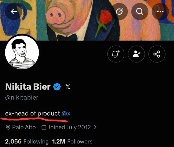 The image shows Nikita Bier's X/Twitter profile displaying his handle "@nikitabier" and the bio "ex-head of product @x" with a red underline. This relates to the post announcing his departure, as the crossed-out "ex-head of product" title visually confirms his recent resignation from the role at X.