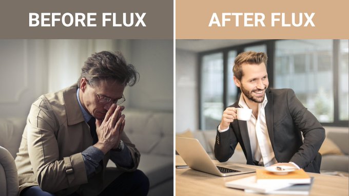 The image shows a comparison of two men sitting at desks with laptops. One man has a laptop open, while the other man has a cup of coffee next to his computer. The text above the image reads "Before Flux after Flux", which suggests that there is a change in the setting or environment for these two men. This could be related to their work habits or the way they use technology.