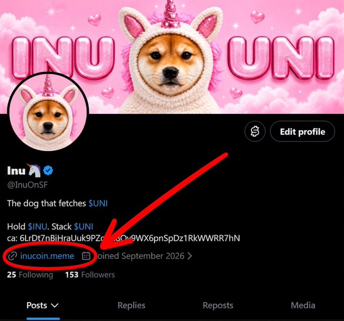 Twitter profile for 'Inu' (@InuOnSF) featuring a dog in a unicorn hood with pink 'INU UNI' text, with a red arrow highlighting the 'inucoin.meme' link in the bio.