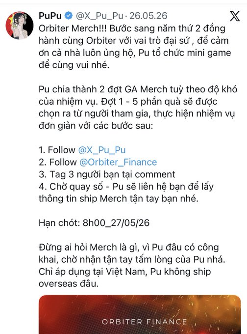 The image shows a screenshot of an email message with text written in both English and Vietnamese that features a gif. The main focus should be on the contents of the email regarding the GA gift for Round 2, as indicated by the post at "@Orbiter_Finance". There are also mentions of other users from around the world, implying a global context to this gift-giving occasion.