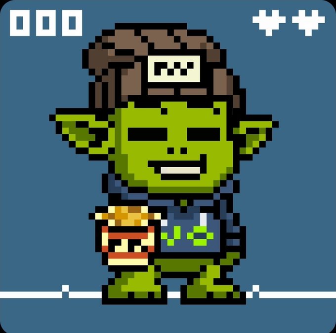 Pixel art style image of a green-skinned character with pointy ears, wearing a brown headband and blue outfit, holding what appears to be a burger, set against a teal background with a score of '000' and two heart icons.
