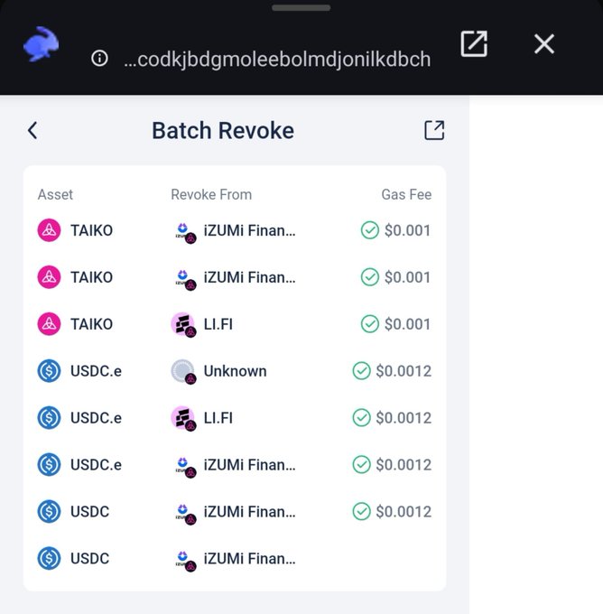 A screenshot of the Rabby wallet interface showing a "Batch Revoke" page where the user is revoking multiple token approvals, including TAIKO, USDC.e, and USDC tokens from decentralized exchanges like iZUMi Finance and LI.FI, with gas fees ranging from $0.001 to $0.0012 per transaction. This aligns with the post about batch revoking token approvals for security using Rabby wallet.