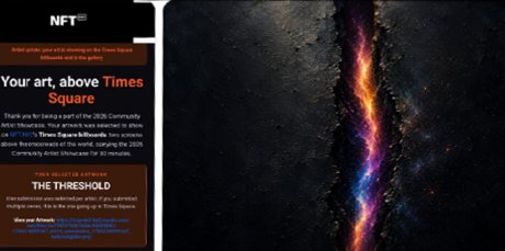 An informational graphic for an NFT titled 'THE THRESHOLD,' explaining how the artwork above Times Square was minted to the Tezos blockchain.