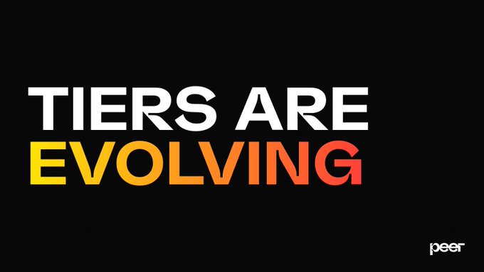 Bold text on a black background reads "TIERS ARE EVOLVING" with "TIERS ARE" in white and "EVOLVING" in a yellow-to-orange gradient, accompanied by the "peer" logo in the bottom right corner, announcing Peer Tiers' transition into a decentralized, onchain reputation and risk system.