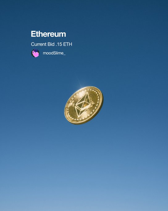 A golden Ethereum coin floats against a blue gradient background, with text reading "Ethereum" and "Current Bid .15 ETH" above a user handle "moodSlime_," suggesting a lowball offer that pokes fun at how the perceived value of 1 ETH varies—illustrating the post's question about whether one ETH truly holds consistent value.
