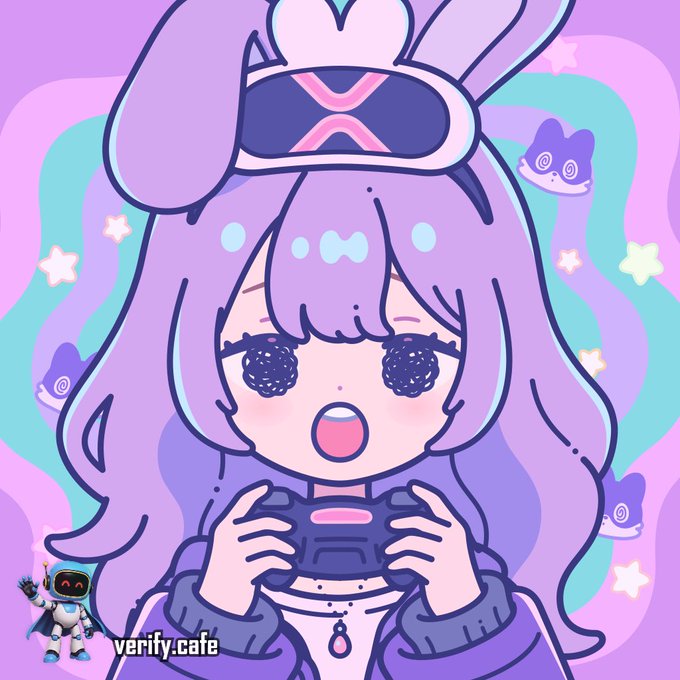 An anime-style illustration of a purple-haired girl with bunny ears wearing a VR headset and holding a controller, with a 'verify.cafe' watermark and a small robot character in the corner.