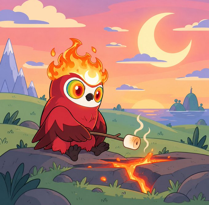 A colorful digital illustration of a red owl with a flaming crown roasting a marshmallow over a volcanic crack, set against a sunset landscape with mountains and a crescent moon.