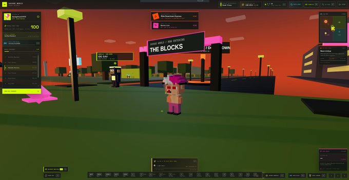 A screenshot from a voxel-based video game called 'THE BLOCKS' showing a pink character on a green field with red sky, featuring various UI elements including an inventory, map, and shop interface.