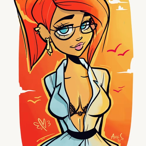 A colorful cartoon drawing of a red-haired female character with glasses and earrings, wearing a light blue jacket and black lace bra, with flying birds in the orange background