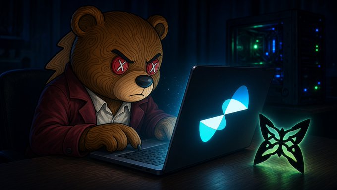 An illustrated anthropomorphic brown bear wearing red glasses with X symbols works intently on a laptop displaying a glowing blue butterfly logo, with a green neon butterfly figure and server rack in the dark background.