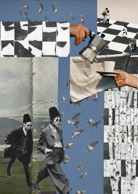 A surreal collage artwork featuring vintage figures running across a landscape, scattered birds in flight, a checkerboard pattern, a hand pouring from a coffee pot, and repeated small human silhouettes—all set against a blue background that evokes a fragmented, dreamlike "temporary world" consistent with the Blue Logic piece from the Temporary World Collection.