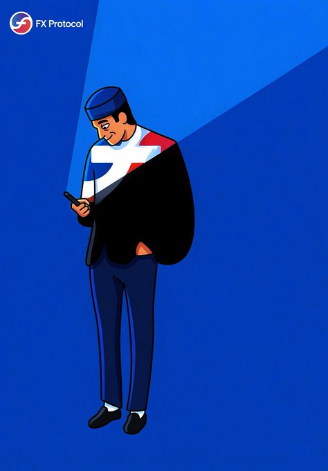 An illustration of a person wrapped in a flag-patterned blanket looking at a phone, with the 'FX Protocol' logo in the top corner against a blue background.