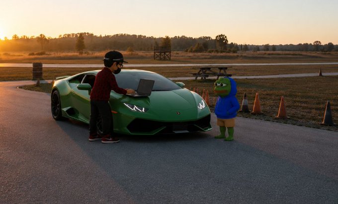 A child wearing a black helmet and red sweater stands next to a green Lamborghini, interacting with a person in a blue dinosaur costume on a road at sunset.