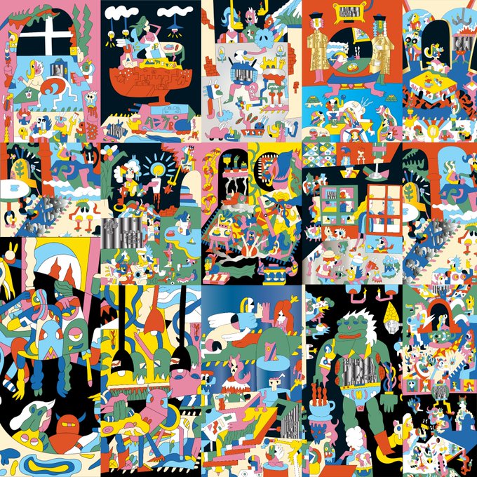 A colorful, densely packed collage of abstract, cartoonish illustrations featuring various characters, shapes, and surreal scenes divided into multiple panels.