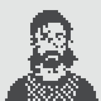 A pixel-art portrait of a hooded figure with a masked face in dark blue/navy tones on a white background.
