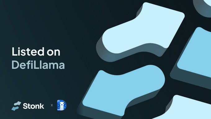 The image features a dark background with the text "Listed on DefiLlama" prominently displayed alongside 3D-rendered Stonk logo elements in blue and light blue. At the bottom, the Stonk logo appears with an "x" and the DefiLlama llama mascot, confirming the collaboration announcement that StonkFun is now listed on DefiLlama, ranked #44 among revenue-generating applications.