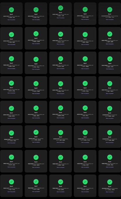 The image displays a grid of repetitive green checkmark notification cards stating "Saved" with transactions of "[random numbers] SOL" completed to "8vAz...jd4D" (or similar addresses), visually implying mass automated small SOL transfers. This relates to the post's claim of instantly sending 50$ in SOL to addresses submitted by commenters, with the repeated success notifications suggesting numerous automated payouts were made.