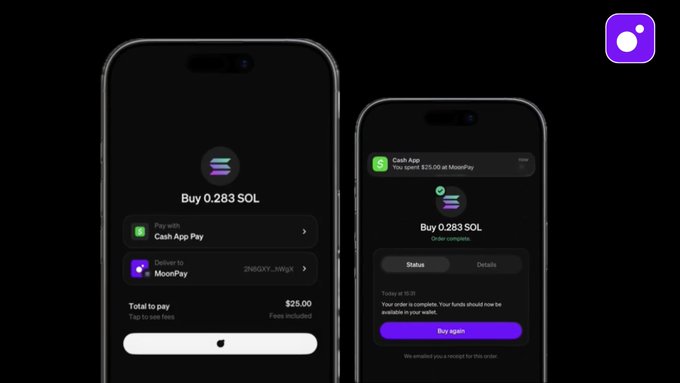 Two iPhones display a Solana purchase flow via MoonPay, with one showing a checkout screen to "Buy 0.283 SOL" for "$25.00" using Cash App Pay, and the other confirming the completed order. The image illustrates the seamless fiat-to-SOL integration highlighted in the post, showing how MoonPay now bridges 59M Cash App users directly into Solana.