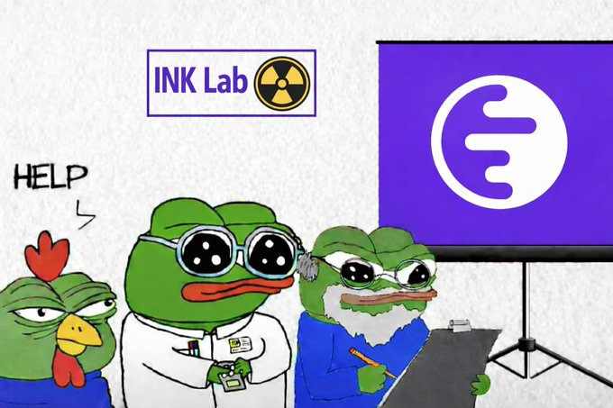 The image features a cartoon illustration of three cartoon frogs sitting around a table, with one frog holding a clipboard and pen while another two frogs look on. The background shows a white wall with a sign that says "INK LAB" and an image of a radiation symbol. The text in the image reads "Help", which is likely part of a joke or humorous caption related to the cartoon illustration.