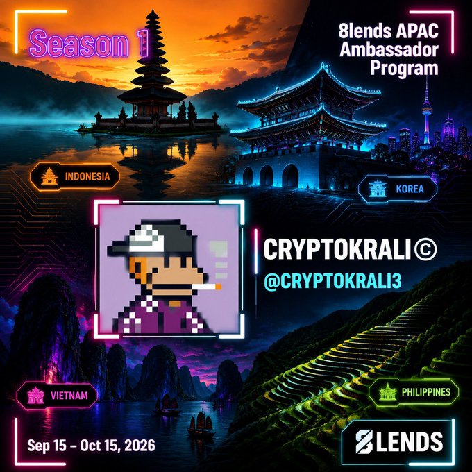 The image is a promotional graphic for the "8lends APAC Ambassador Program" Season 1, featuring "CRYPTOKRALI ©" (@CRYPTOKRALI3) with dates "Sep 15 – Oct 15, 2026" displayed. It showcases pixel-art avatar artwork against a vibrant backdrop of Asian landmarks labeled Indonesia, Korea, Vietnam, and Philippines, with the "8LENDS" logo at the bottom.

This ties to the post by presenting CryptoKrali as a chosen ambassador for the 8lends platform he's testing, visually framing his exploration of their real-business crypto investment concept.