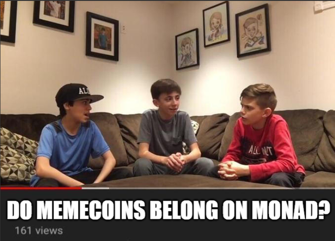 A YouTube thumbnail with the title 'DO MEMECOINS BELONG ON MONAD?' showing three young boys sitting on a couch in a room decorated with framed anime-style artwork.