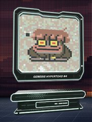 The image displays a pixelated, pink toad-like character labeled "GENESIS HYPERTOADZ #4" on a retro computer monitor and console against a digital grid background, representing the Genesis Hypertoadz NFT featured in the auction described.