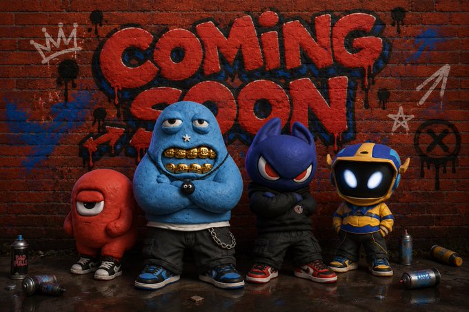 A 'Coming Soon' promotional image showing four stylized cartoon characters standing in front of a graffiti-covered brick wall with spray paint cans scattered on the ground.