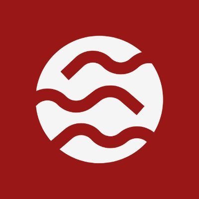 A minimalist logo featuring three wavy lines forming a circular pattern on a solid dark red square background.