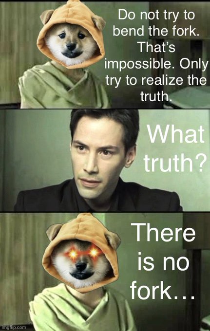 This meme uses a template from the movie *The Matrix*, replacing Morpheus with a Doge wearing a hood, to parody the concept of a "fork" in cryptocurrency. The dialogue ("Do not try to bend the fork... There is no fork...") plays on the idea that the split in a blockchain does not actually exist, relating to the user's caption about $DOG.