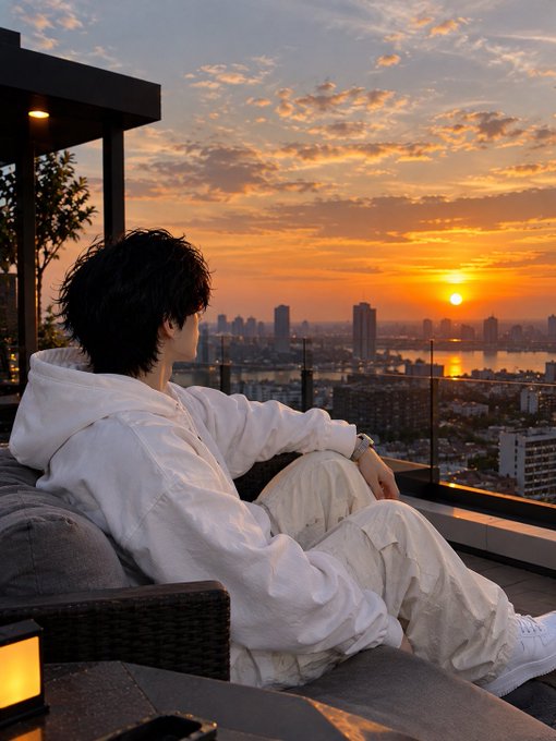 A young person with dark hair sits relaxed on an outdoor rooftop lounge, gazing out at a vibrant sunset over a city skyline and waterfront.