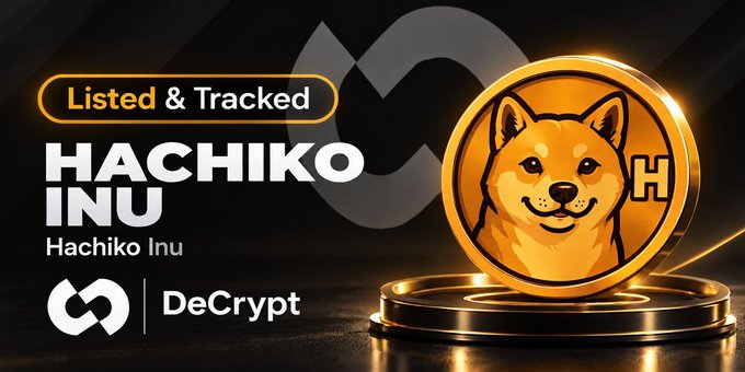 A promotional graphic for the cryptocurrency 'Hachiko Inu' featuring its dog-themed golden coin logo alongside the text 'Listed & Tracked' and the 'DeCrypt' brand.