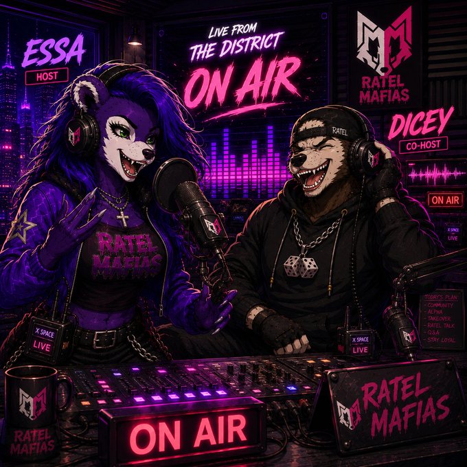 A neon-lit promotional graphic featuring cartoon anthropomorphic honey badgers 'ESSA' (Host) and 'DICEY' (Co-Host) at a podcast/broadcasting setup for 'Ratel Mafias,' with 'ON AIR' signs and an 'X SPACE LIVE' indicator.