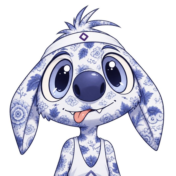 A cartoon-style illustration features a cute white dog character covered in a blue floral pattern, wearing a headband and a tank top, with its tongue sticking out.