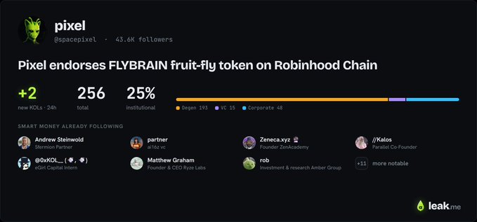 A Twitter-style analytics dashboard for "@spacepixel" (43.6K followers) highlights his endorsement of the FLYBRAIN fruit-fly token on Robinhood Chain, showing +2 new KOLs in 24h, 256 total follows, and 25% institutional interest, with smart money followers including Andrew Steinwold, partner.eth, Zeneca.xyz, and Matthew Graham (Founder of GCR & Ryze Labs), reinforcing the post's narrative of Pixel as an alpha caller who spotted the early memecoin trend similar to Truth Terminal and $ai16z.