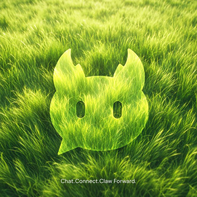 A green claw-shaped logo blending into a grass field background with the tagline 'Chat.Connect.Claw Forward.'